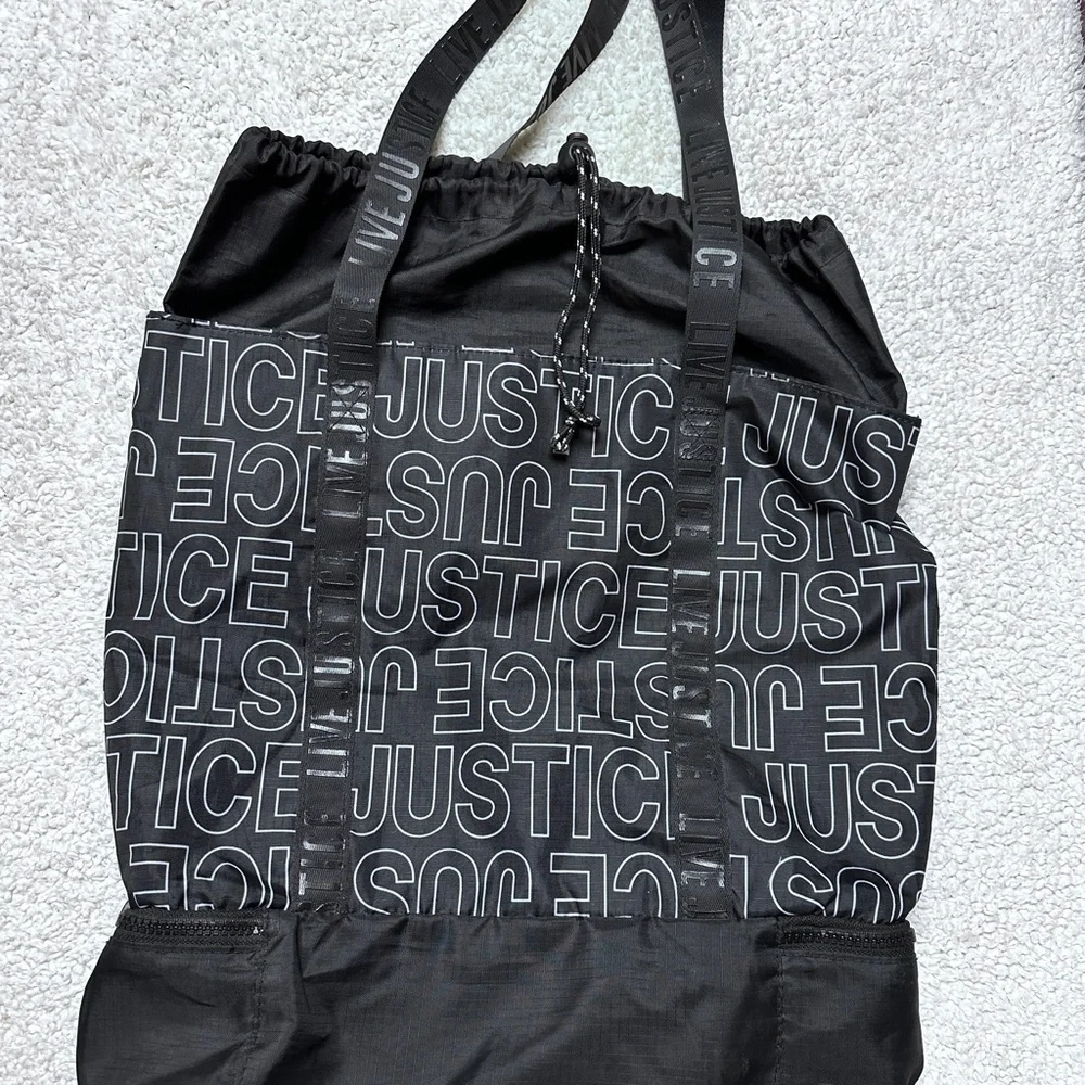 Justice logo black drawstring tote bag overnight dance / sports rucksack  Tote